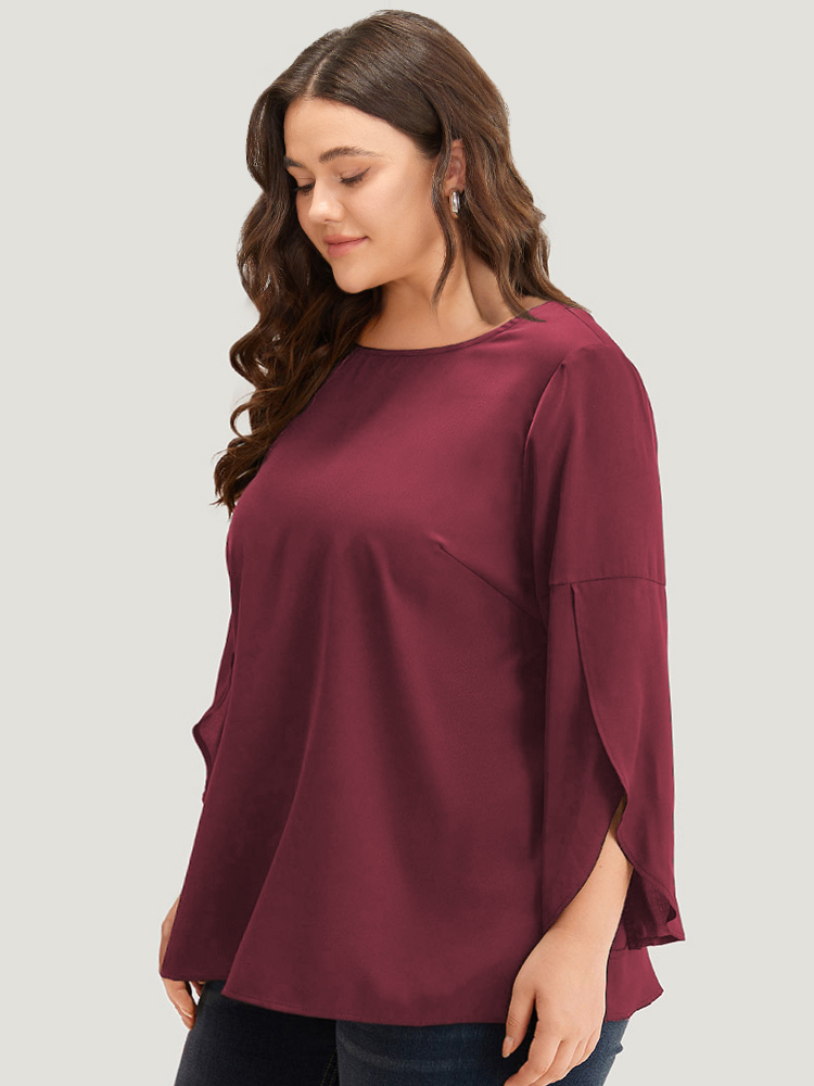 

Plus Size Scarlet Plain Wrap Flutter Sleeve Crew Neck Blouse Women Office Elbow-length sleeve Round Neck Work Blouses BloomChic