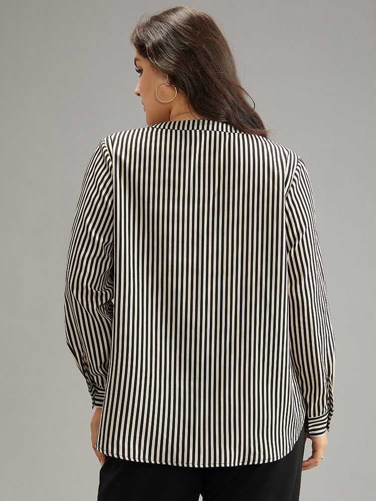Plus Size LightBrown Striped Notched Button Through Blouse Women Office Long Sleeve Shirt collar Work Blouses BloomChic 14-16/1X 