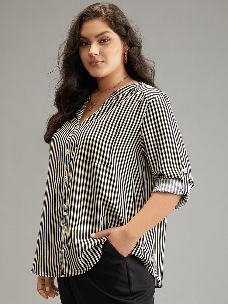 

Plus Size LightBrown Striped Notched Button Through Blouse Women Office Long Sleeve Shirt collar Work Blouses BloomChic