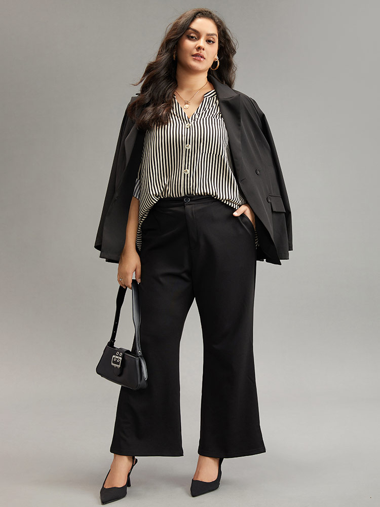 Plus Size LightBrown Striped Notched Button Through Blouse Women Office Long Sleeve Shirt collar Work Blouses BloomChic 14-16/1X 