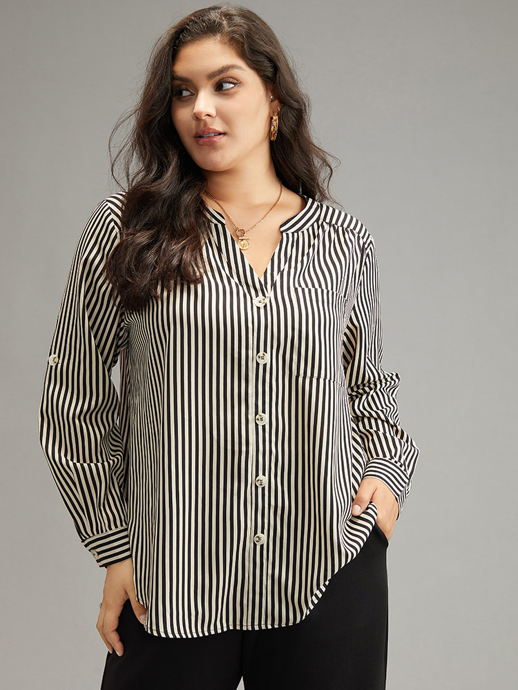 Plus Size LightBrown Striped Notched Button Through Blouse Women Office Long Sleeve Shirt collar Work Blouses BloomChic 14-16/1X 