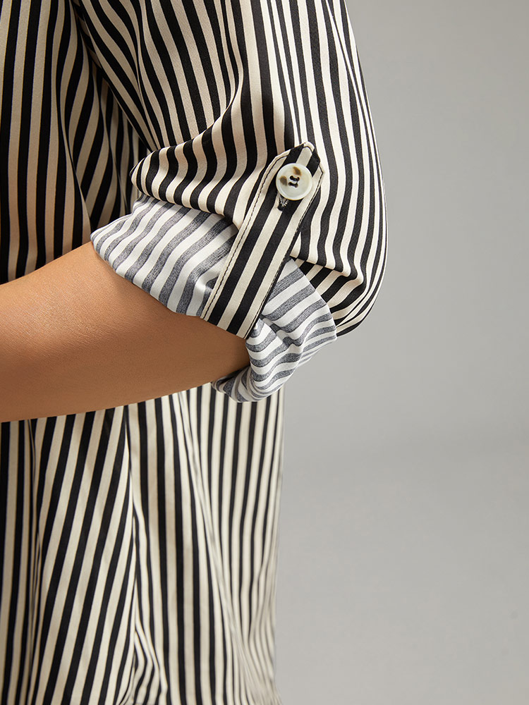 Plus Size LightBrown Striped Notched Button Through Blouse Women Office Long Sleeve Shirt collar Work Blouses BloomChic 14-16/1X 