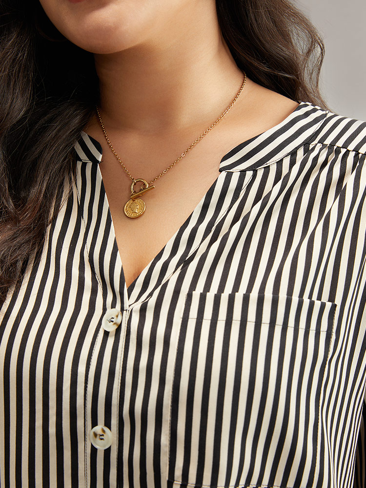 Plus Size LightBrown Striped Notched Button Through Blouse Women Office Long Sleeve Shirt collar Work Blouses BloomChic 14-16/1X 
