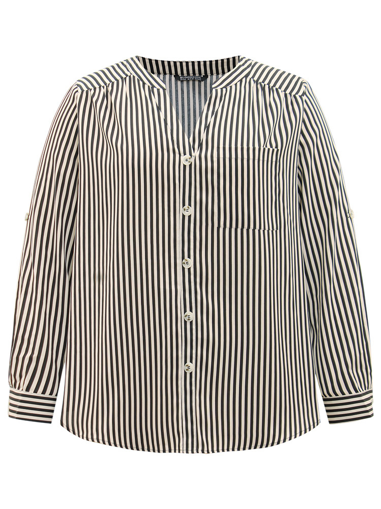 Plus Size LightBrown Striped Notched Button Through Blouse Women Office Long Sleeve Shirt collar Work Blouses BloomChic 14-16/1X 