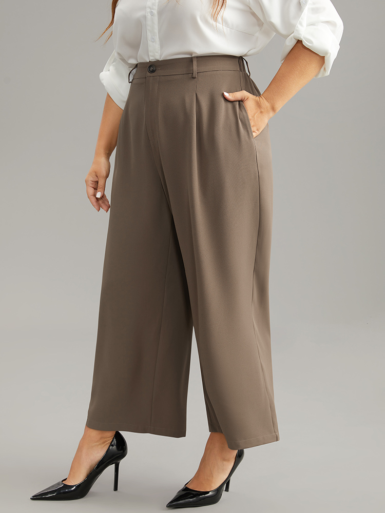 

Plus Size Plain Plicated Detail Straight Leg Pants Women DarkBrown Office Wide Leg High Rise Work Pants BloomChic