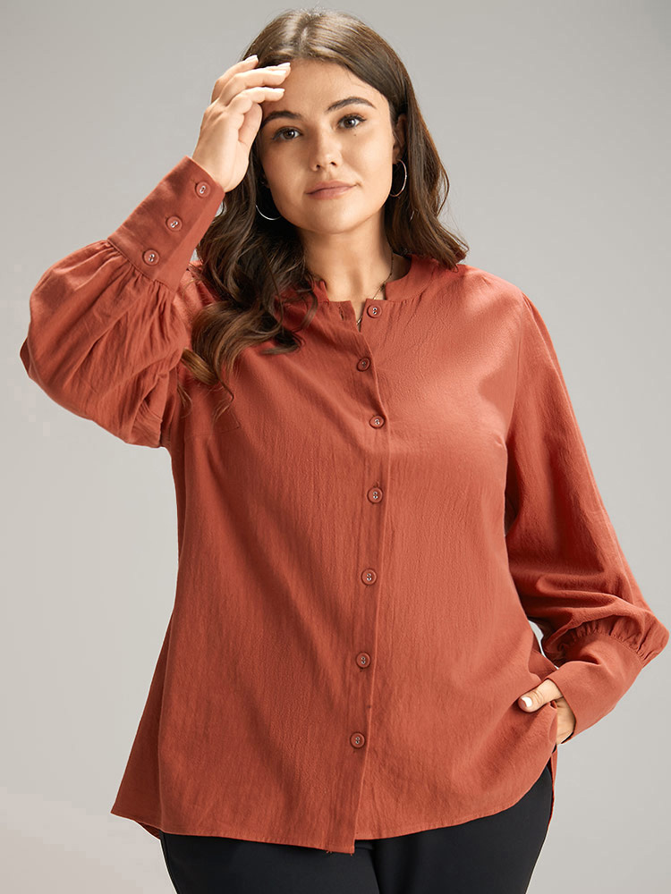 

Plus Size Plain Gathered Button Up Blouse Brown Long Sleeve Stand-up collar Office Shirts