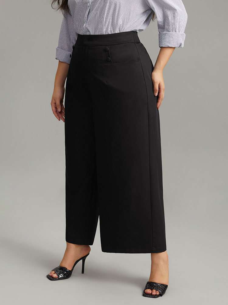 

Plus Size Solid Button Detail Wide Leg Pants Women Black Workwear Essentials Wide Leg High Rise Work Pants BloomChic