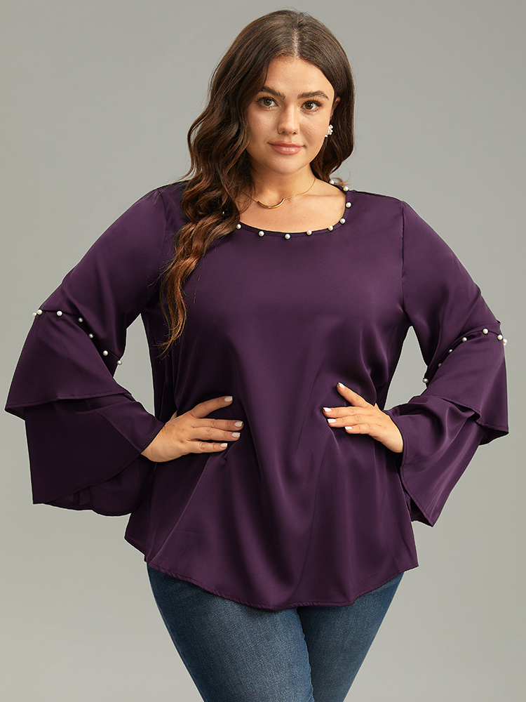 

Plus Size Purple Anti-Wrinkle Pearl Beaded Ruffle Layered Sleeve Blouse Women Glamour Long Sleeve Round Neck Going out Blouses BloomChic