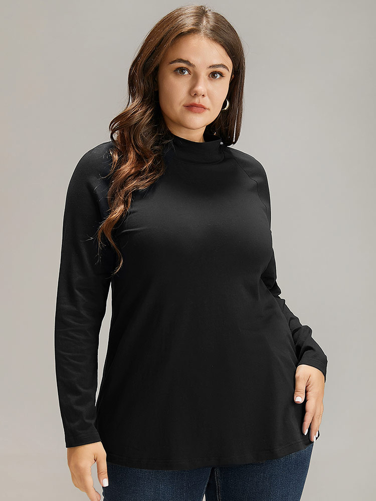 

Plus Size Cotton Mock Neck Raglan Sleeve T-shirt Black Women Elegant Plain Plain Mock Neck Dailywear T-shirts BloomChic