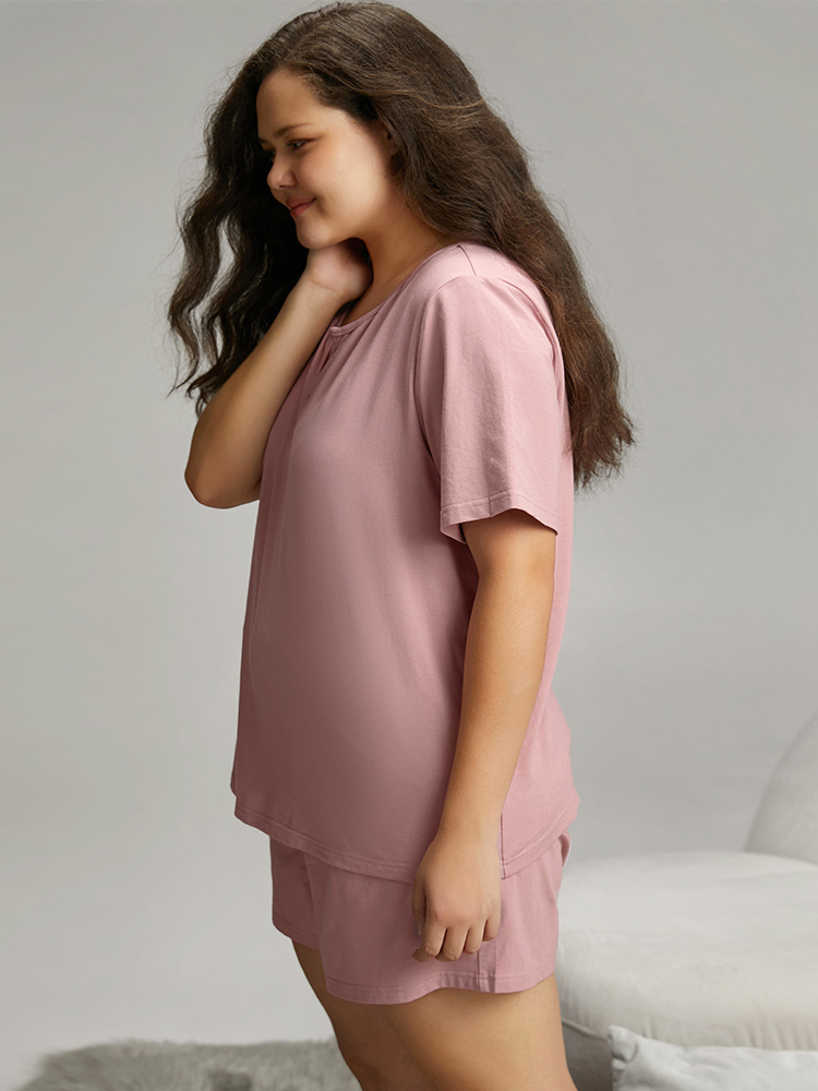 

Plus Size Solid Cotton Notched Sleep Top Pink Plain Short sleeve Notched collar Dailywear Casual  Bloomchic