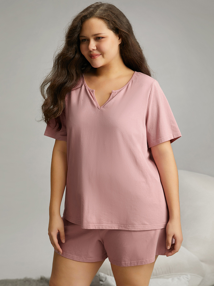 

Plus Size Solid Cotton Notched Sleep Top Pink Plain Short sleeve Notched collar Dailywear Casual  Bloomchic