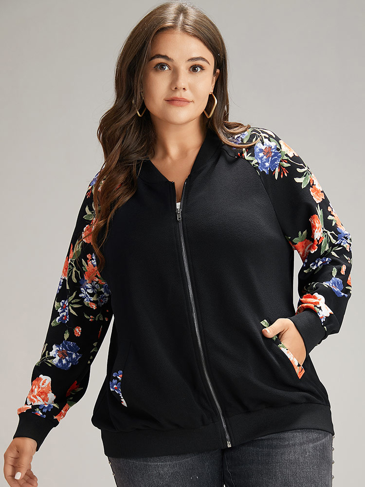 

Plus Size Floral Patchwork Zipper Pocket Bomber Jacket Women Black Elastic cuffs Pocket Everyday Jackets BloomChic