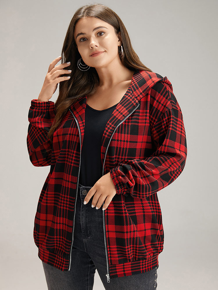 

Plus Size Plaid Zipper Hooded Jacket Women Raspberry Elastic cuffs Everyday Jackets BloomChic