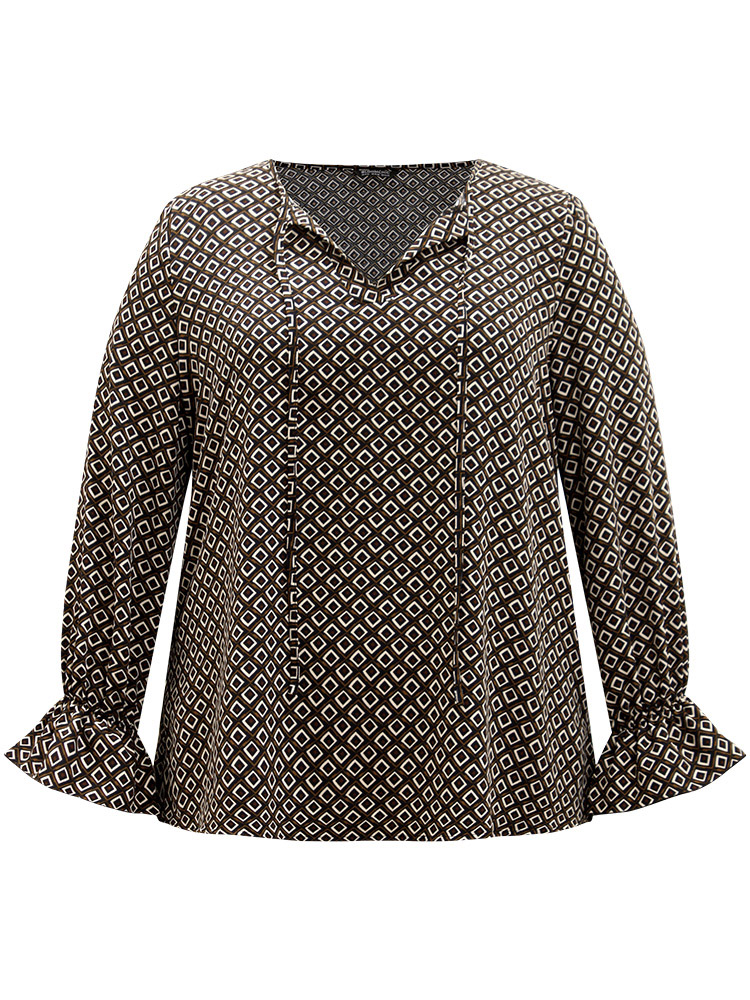 Plus Size Women Work Geometric Ruffles Ruffle Sleeve Long Sleeve Tie Neck Office Blouses BloomChic 