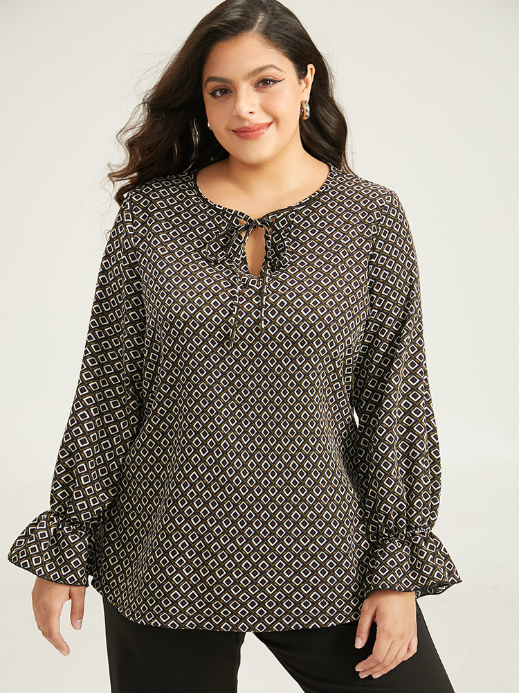 Plus Size Women Work Geometric Ruffles Ruffle Sleeve Long Sleeve Tie Neck Office Blouses BloomChic 