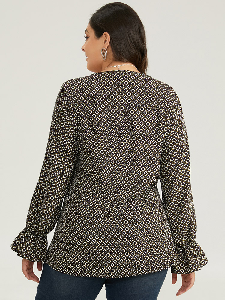 Plus Size Women Work Geometric Ruffles Ruffle Sleeve Long Sleeve Tie Neck Office Blouses BloomChic 