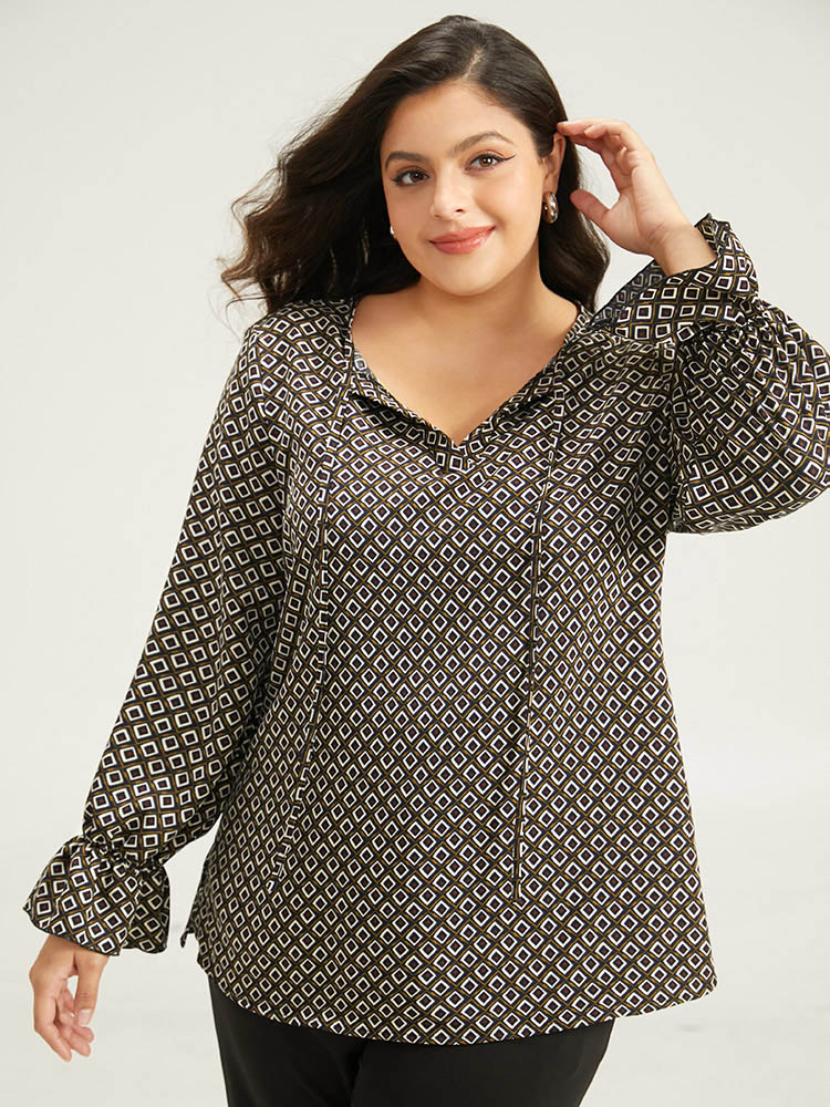 Plus Size Women Work Geometric Ruffles Ruffle Sleeve Long Sleeve Tie Neck Office Blouses BloomChic 