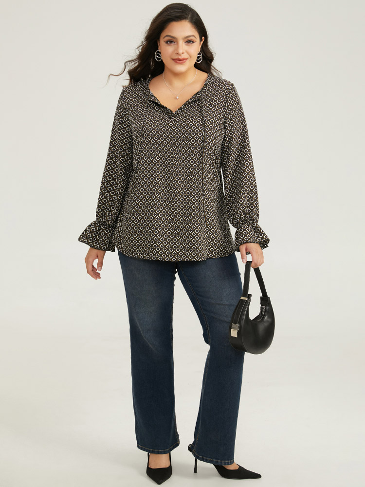 Plus Size Women Work Geometric Ruffles Ruffle Sleeve Long Sleeve Tie Neck Office Blouses BloomChic 