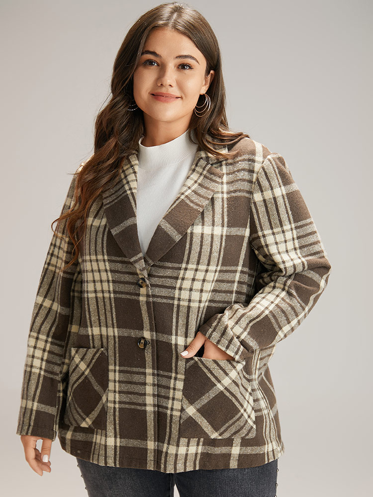 

Plus Size Plaid Patched Pocket Button Through Coat Women DarkBrown Casual Contrast Ladies Dailywear Winter Coats BloomChic