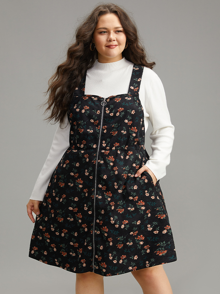 

Plus Size Ditsy Floral Corduroy Pocket Zipper Fly Cami Dress Black Women Casual Printed Spaghetti Strap Sleeveless Curvy Knee Dress BloomChic