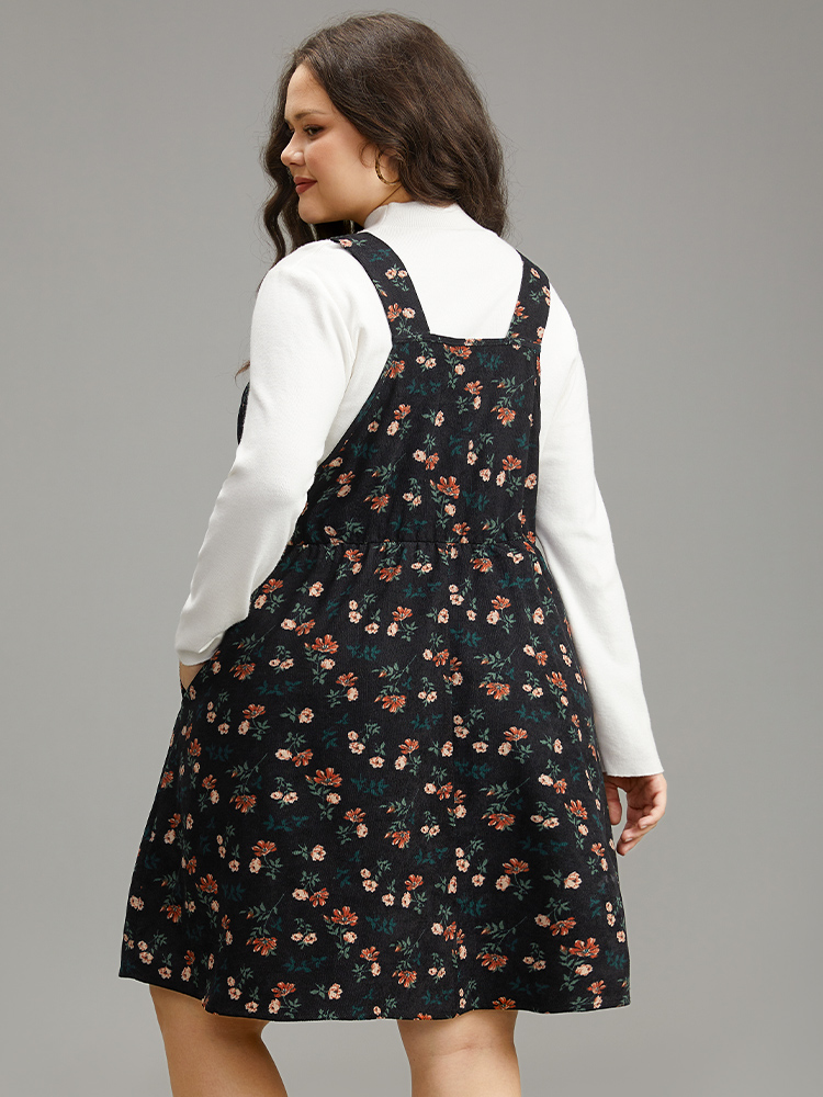 Plus Size Ditsy Floral Corduroy Pocket Zipper Fly Cami Dress Black Women Casual Printed Square Neck Sleeveless Curvy Knee Dress BloomChic 14-16/1X 