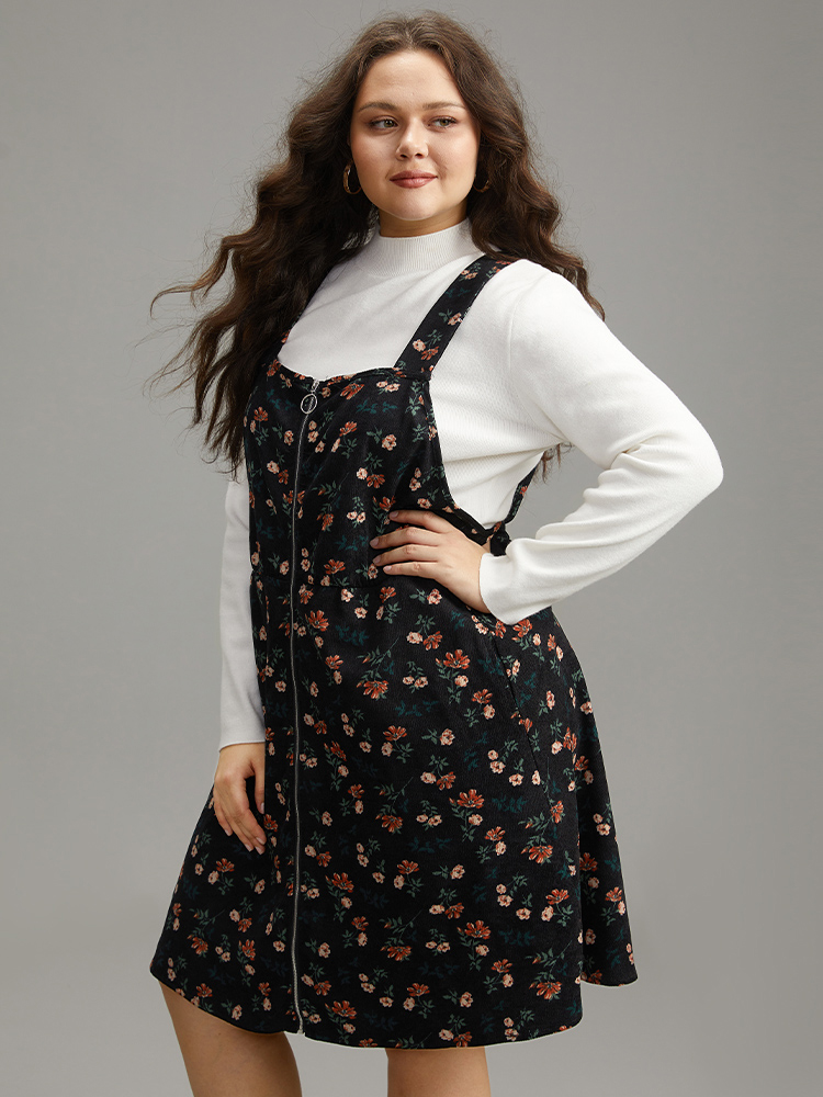 Plus Size Ditsy Floral Corduroy Pocket Zipper Fly Cami Dress Black Women Casual Printed Square Neck Sleeveless Curvy Knee Dress BloomChic 14-16/1X 