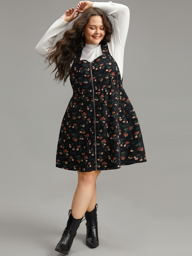 Plus Size Ditsy Floral Corduroy Pocket Zipper Fly Cami Dress Black Women Casual Printed Square Neck Sleeveless Curvy Knee Dress BloomChic 14-16/1X 