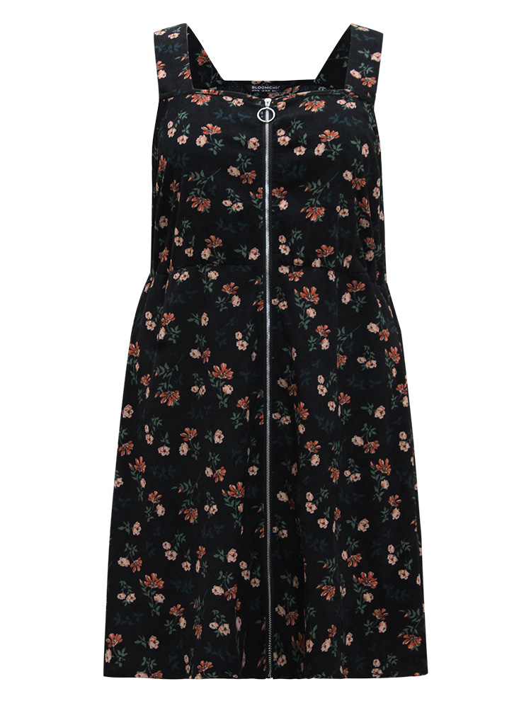 Plus Size Ditsy Floral Corduroy Pocket Zipper Fly Cami Dress Black Women Casual Printed Square Neck Sleeveless Curvy Knee Dress BloomChic 14-16/1X 
