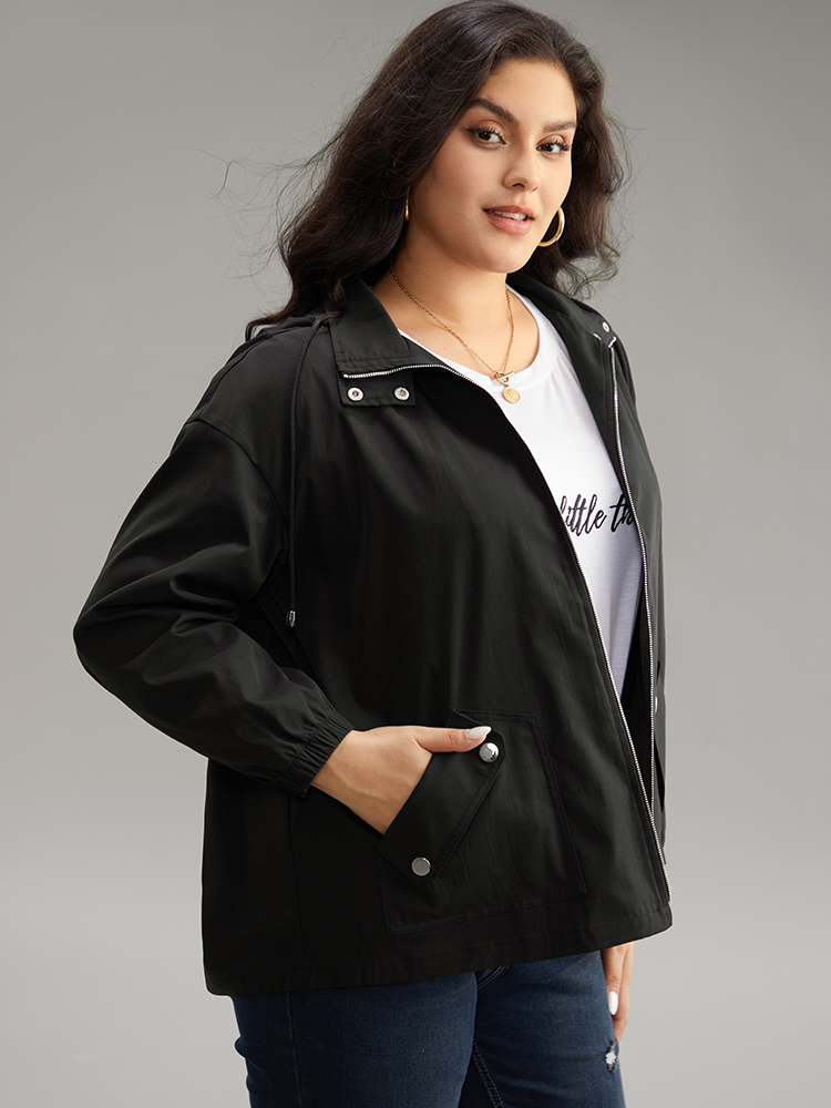 Plus Size Solid Hooded Pocket Drawstring Metal Detail Coat Women Black Casual Plain Ladies Dailywear Winter Coats BloomChic 18-20/2X 