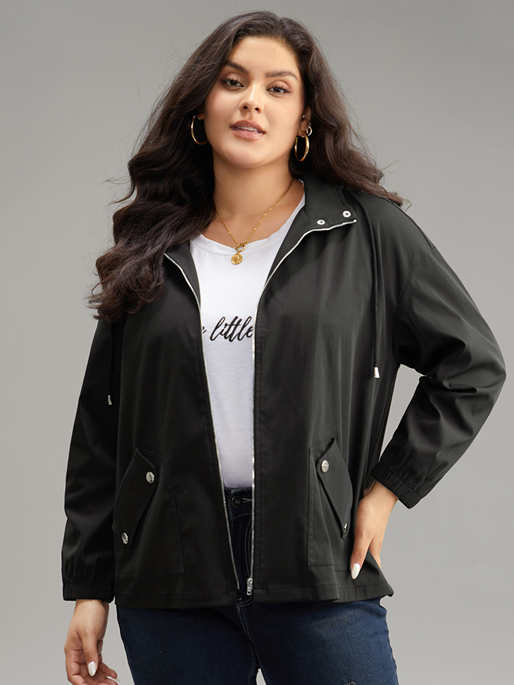 Plus Size Solid Hooded Pocket Drawstring Metal Detail Coat Women Black Casual Plain Ladies Dailywear Winter Coats BloomChic 18-20/2X 