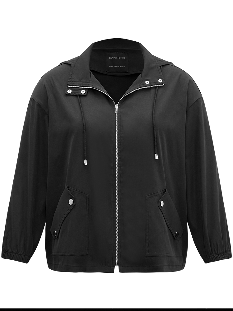 Plus Size Solid Hooded Pocket Drawstring Metal Detail Coat Women Black Casual Plain Ladies Dailywear Winter Coats BloomChic 18-20/2X 