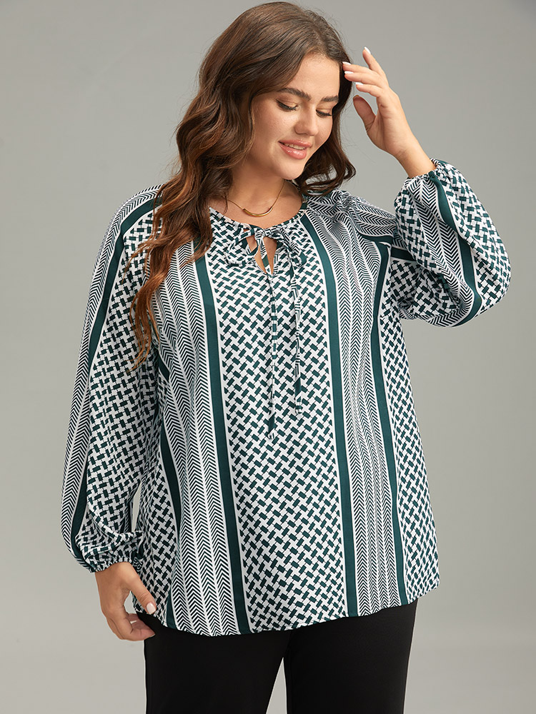 Plus Size Teal Geo Striped Tie Lantern Sleeve Blouse Women Resort Long Sleeve Tie Neck Vacation Blouses BloomChic 12/L 
