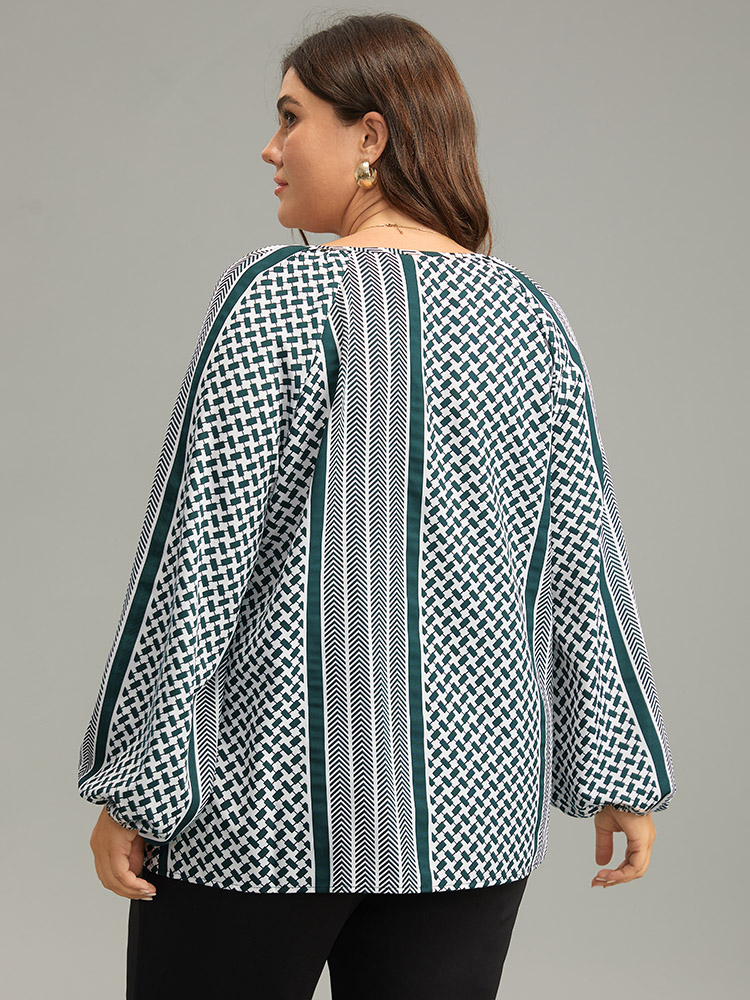 Plus Size Teal Geo Striped Tie Lantern Sleeve Blouse Women Resort Long Sleeve Tie Neck Vacation Blouses BloomChic 12/L 