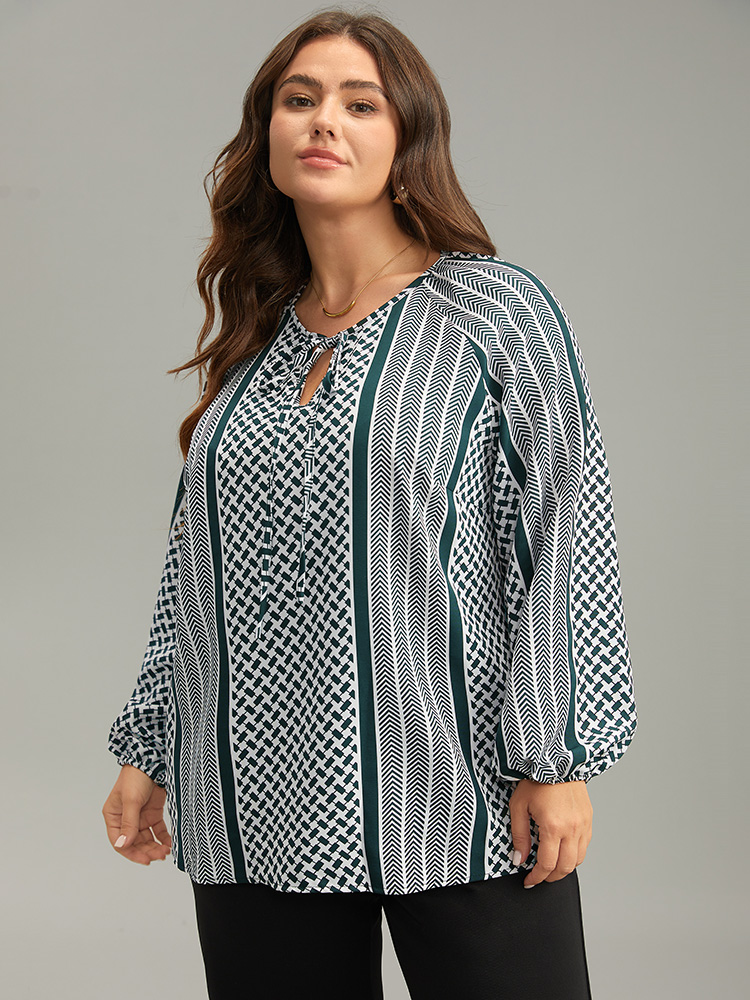 

Plus Size Teal Geo Striped Tie Lantern Sleeve Blouse Women Resort Long Sleeve Tie Neck Vacation Blouses BloomChic