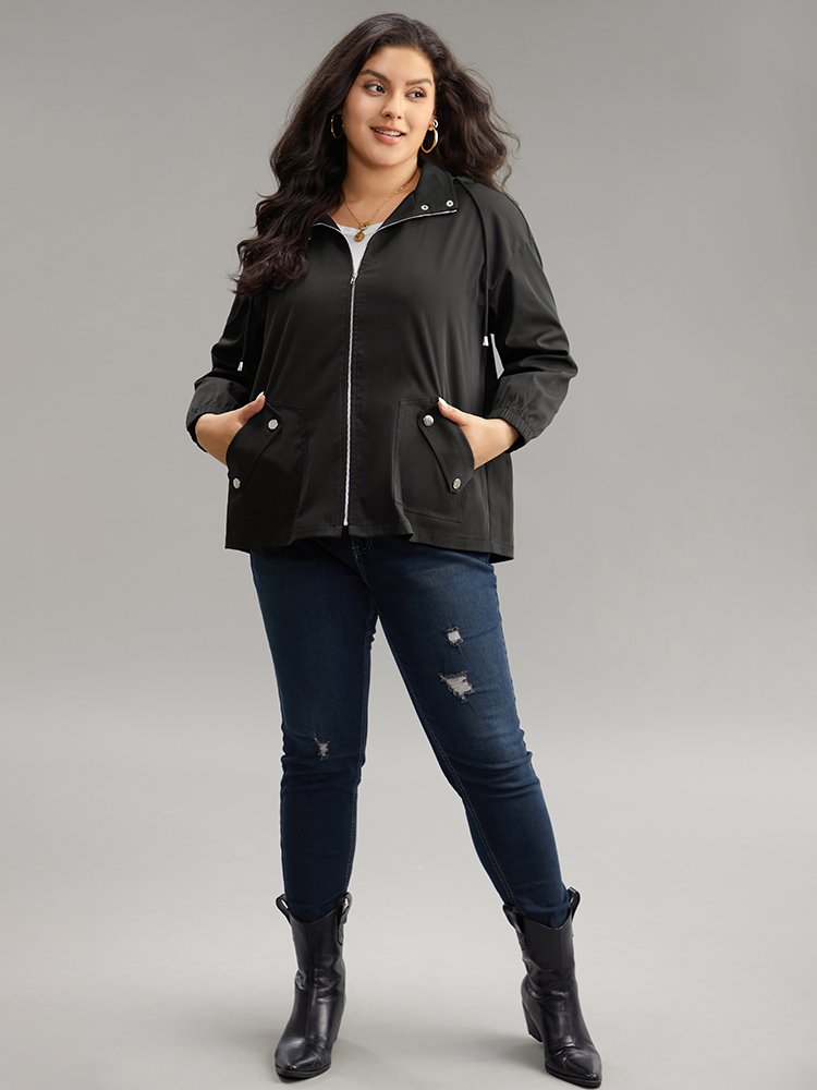 Plus Size Solid Hooded Pocket Drawstring Metal Detail Coat Women Black Casual Plain Ladies Dailywear Winter Coats BloomChic 18-20/2X 