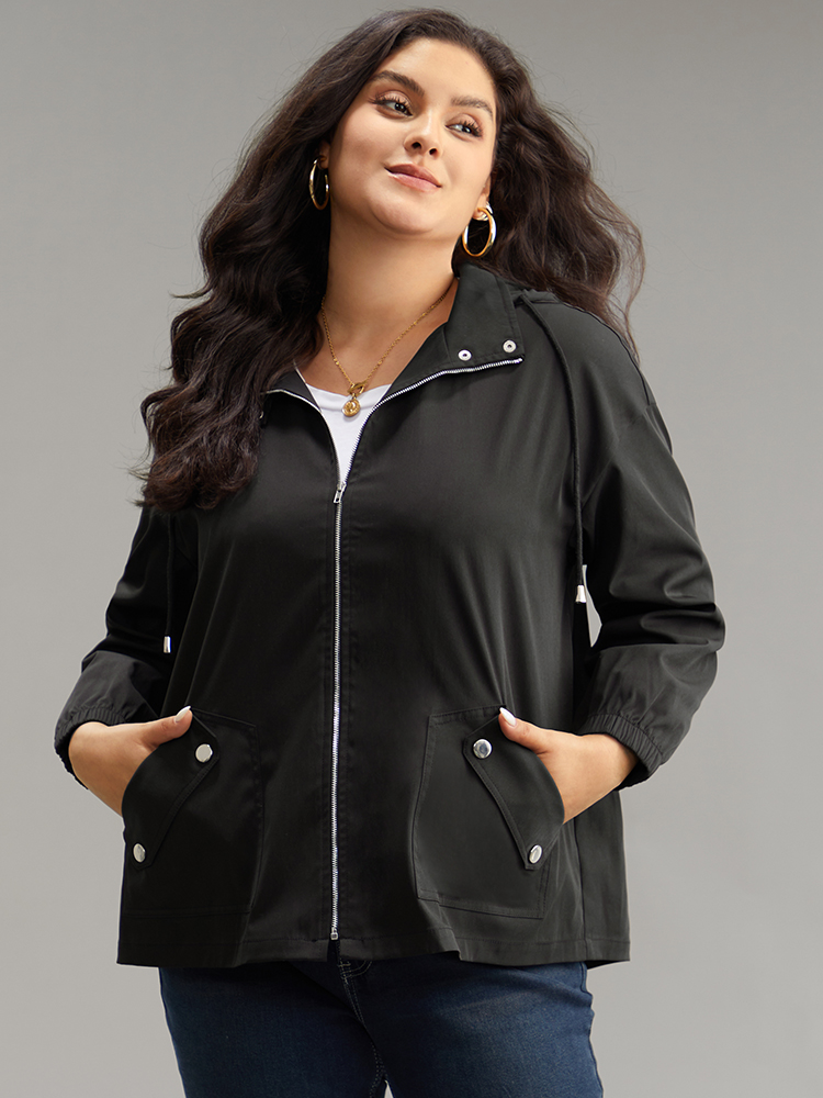 Plus Size Solid Hooded Pocket Drawstring Metal Detail Coat Women Black Casual Plain Ladies Dailywear Winter Coats BloomChic 18-20/2X 