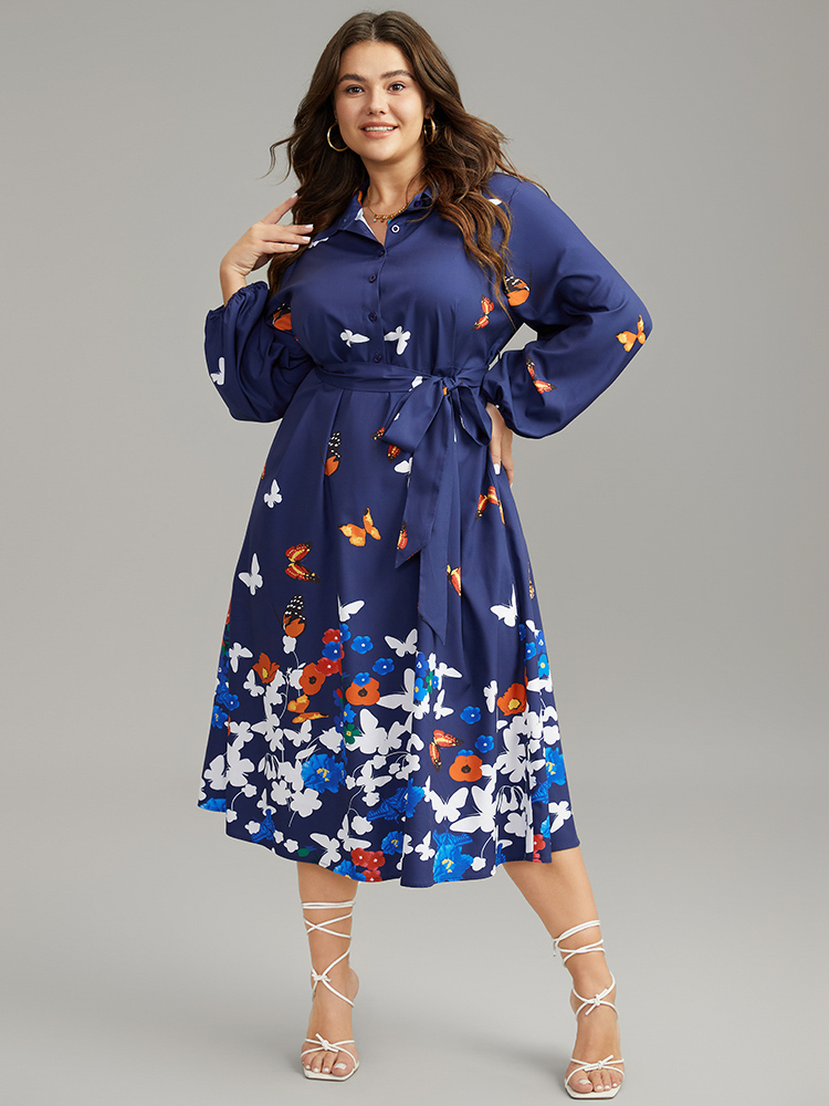 

Plus Size Butterfly Print Gathered Button Up Belted Dress Navy Women Vacation Elastic cuffs Shirt collar Long Sleeve Curvy Midi Dress BloomChic