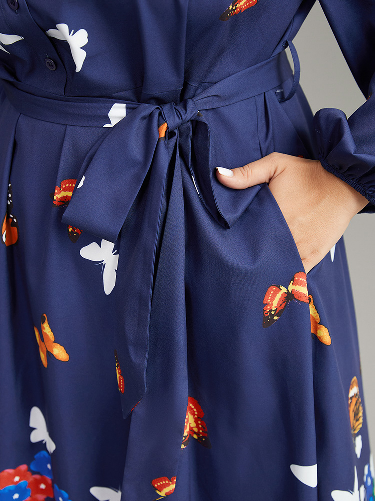 

Plus Size Butterfly Print Gathered Button Up Belted Dress Navy Women Vacation Elastic cuffs Shirt collar Long Sleeve Curvy Midi Dress BloomChic
