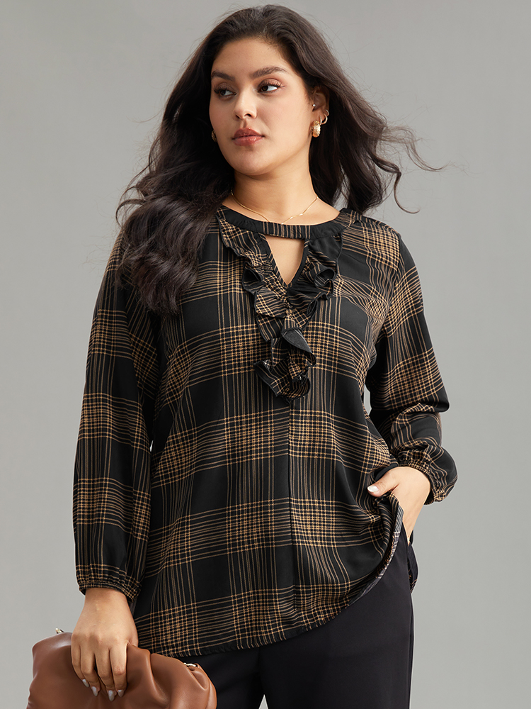 

Plus Size Black Plaid Keyhole Frill Trim Lantern Sleeve Blouse Women Office Long Sleeve Keyhole Cut-Out Work Blouses BloomChic