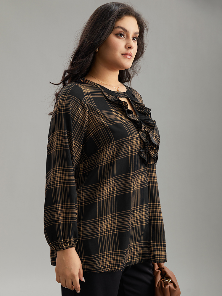 

Plus Size Black Plaid Keyhole Frill Trim Lantern Sleeve Blouse Women Office Long Sleeve Keyhole Cut-Out Work Blouses BloomChic