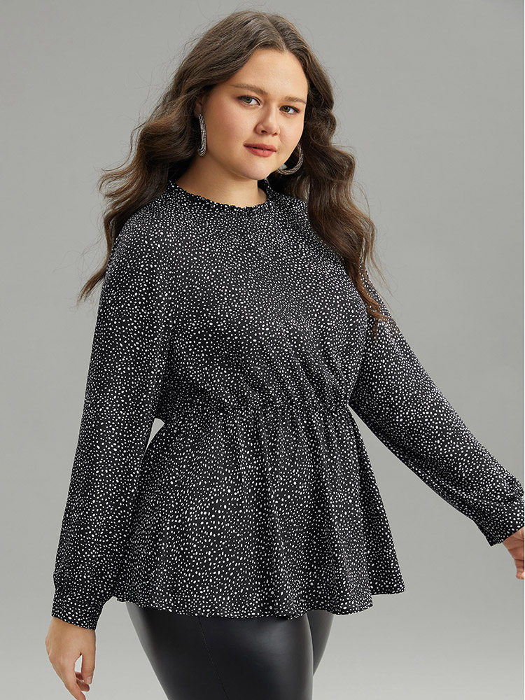 

Plus Size Black Polka Dot Chiffon Frill Trim Cut Out Elastic Waist Blouse Women Office Long Sleeve Round Neck Work Blouses BloomChic