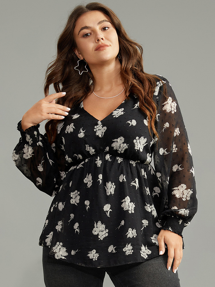 

Plus Size BlackFlower Silhouette Floral Print Gathered Shirred Blouse Women Elegant Long Sleeve V-neck Dailywear Blouses BloomChic