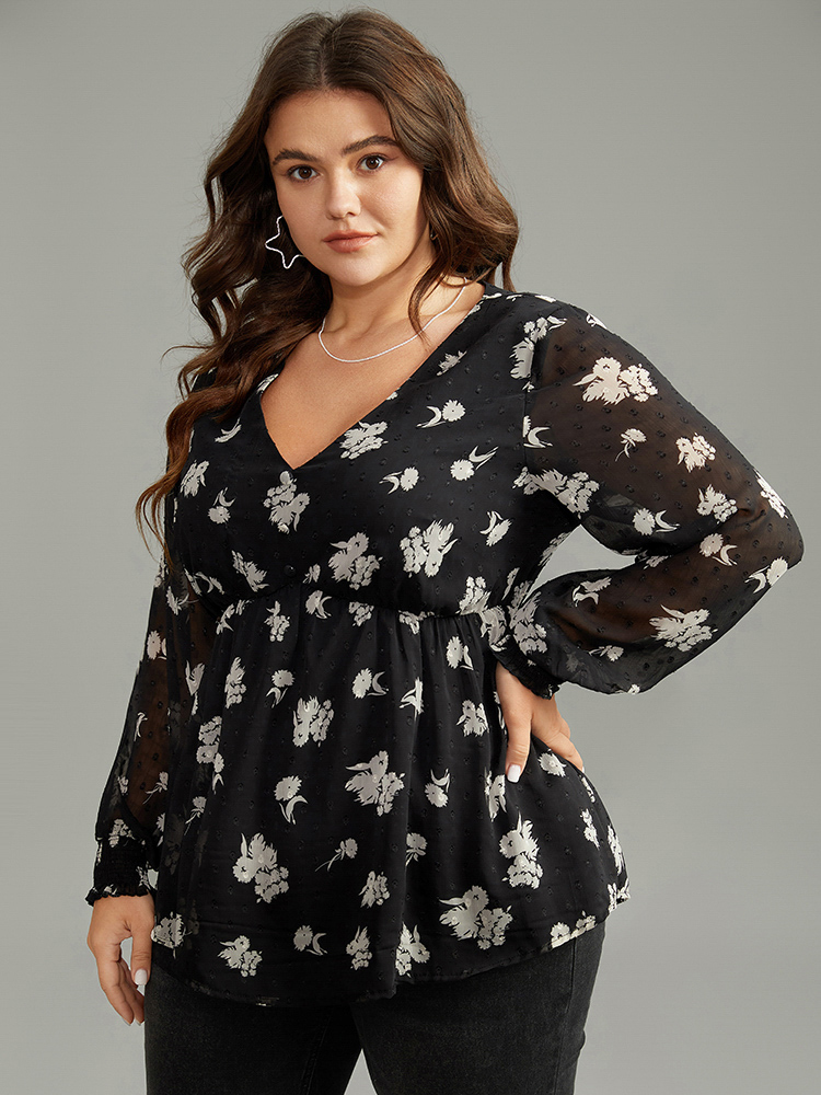 

Plus Size BlackFlower Silhouette Floral Print Gathered Shirred Blouse Women Elegant Long Sleeve V-neck Dailywear Blouses BloomChic