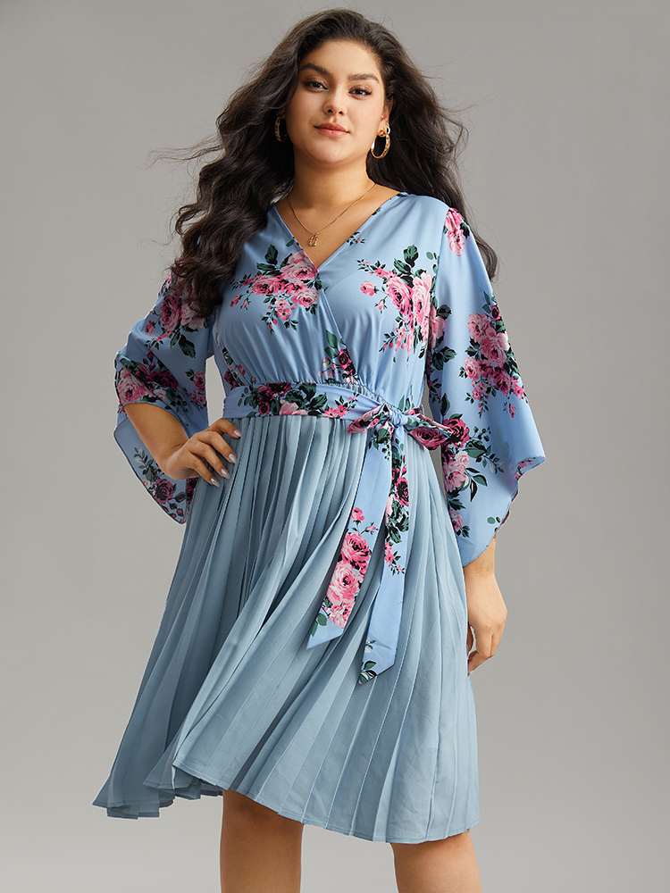 

Plus Size Floral Print Bell Sleeve Belted Pleated Hem Dress LightBlue Women Elegant Wrap Overlap Collar Elbow-length sleeve Curvy Knee Dress BloomChic