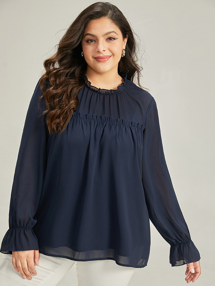 

Plus Size Indigo Anti-Wrinkle Frill Trim Lantern Sleeve Blouse Women Office Long Sleeve Round Neck Work Blouses BloomChic