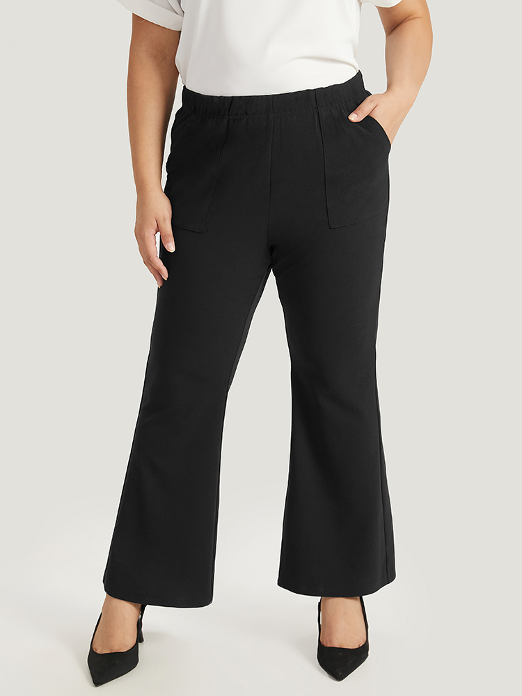 

Plus Size Solid Pocket Flare Leg Elastic Waist Pants Women Black At the Office Flare Leg High Rise Work Pants BloomChic