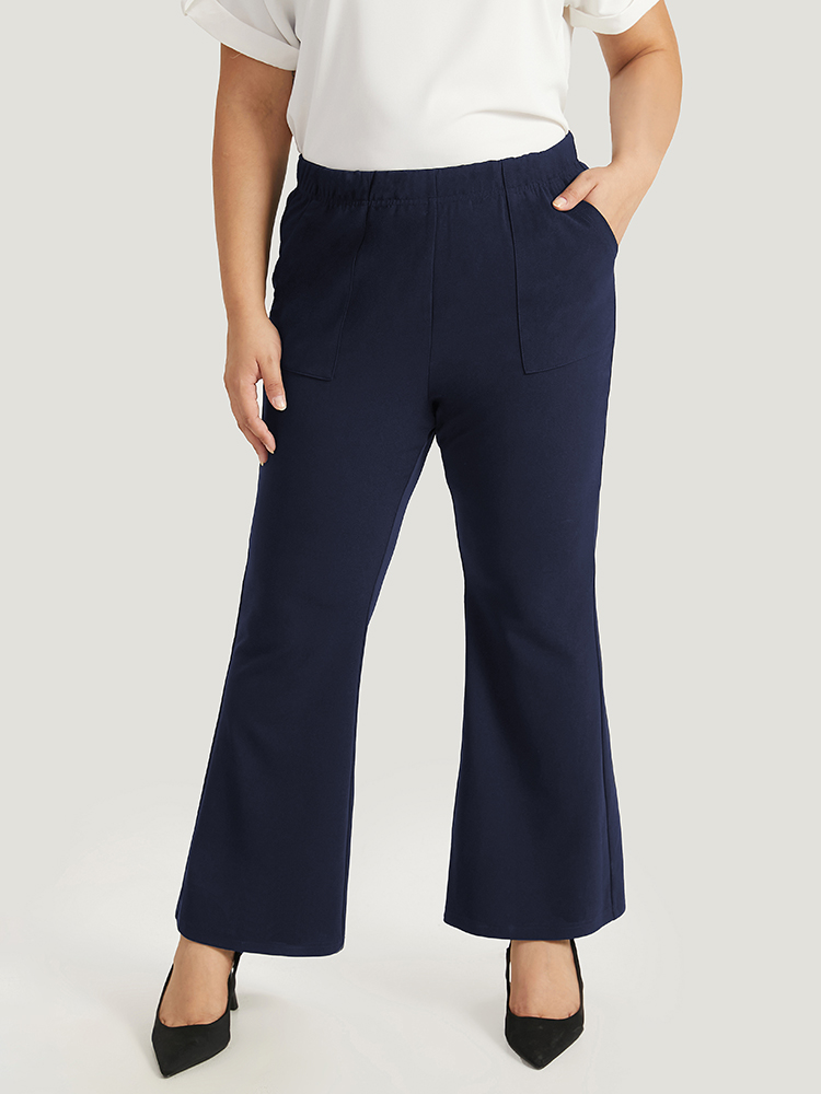 

Plus Size Solid Pocket Flare Leg Elastic Waist Pants Women Indigo At the Office Flare Leg High Rise Work Pants BloomChic