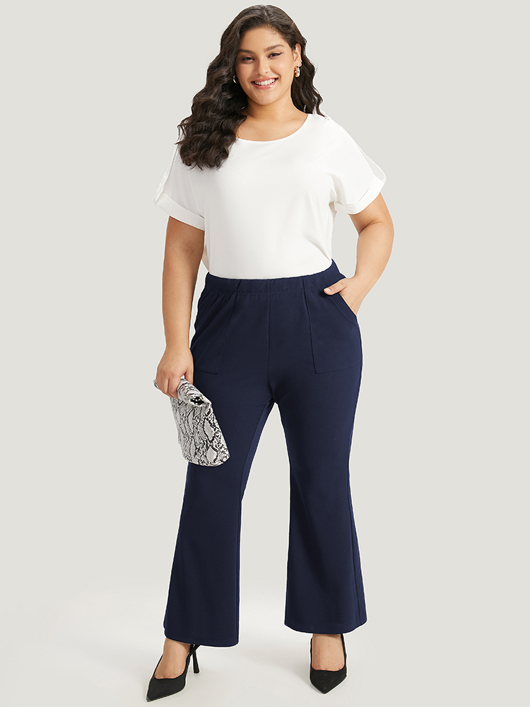 Plus Size Solid Pocket Flare Leg Elastic Waist Pants Women Indigo At the Office Flare Leg High Rise Work Pants BloomChic 30/6X 