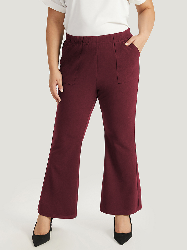 

Plus Size Solid Pocket Flare Leg Elastic Waist Pants Women Scarlet At the Office Flare Leg High Rise Work Pants BloomChic