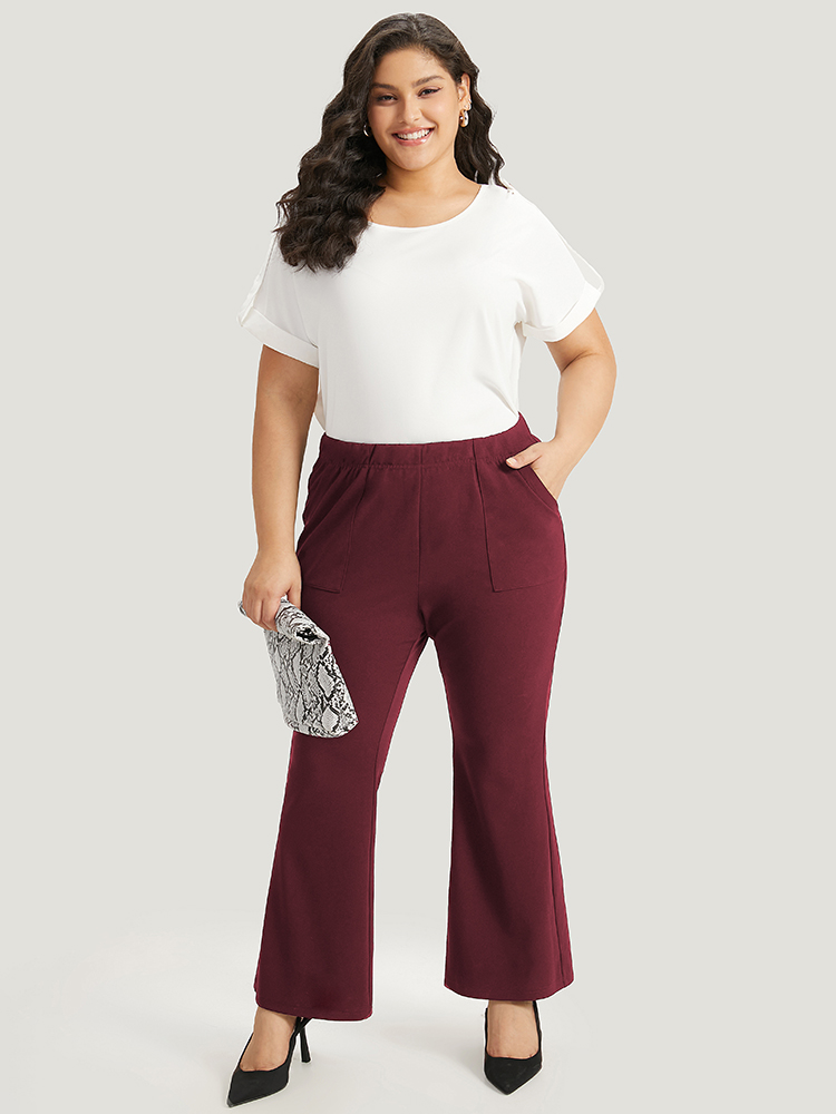 

Plus Size Solid Pocket Flare Leg Elastic Waist Pants Women Scarlet At the Office Flare Leg High Rise Work Pants BloomChic